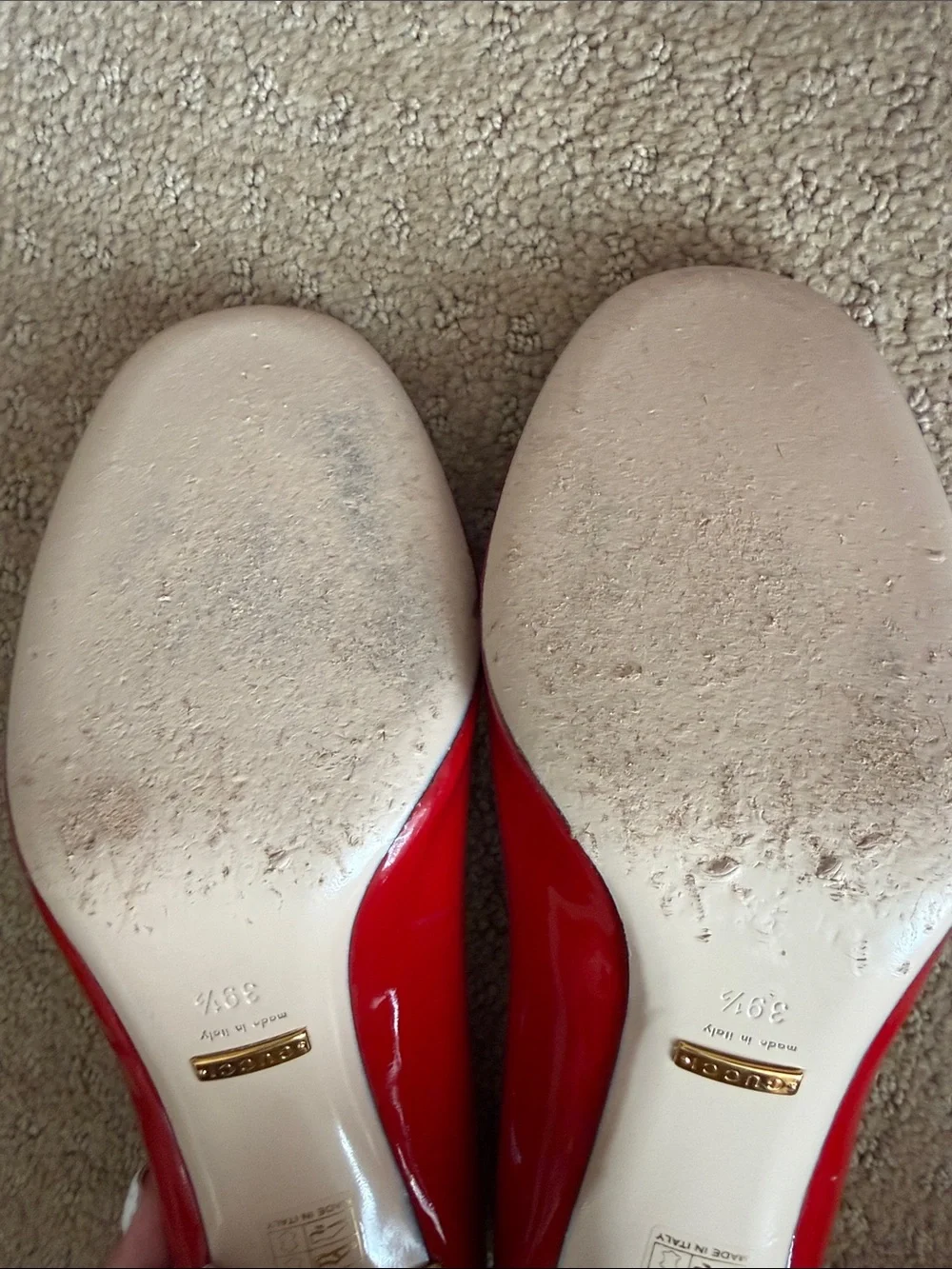 Gucci Arielle Mary Jane Red Patent Leather Pumps with Pearl Button